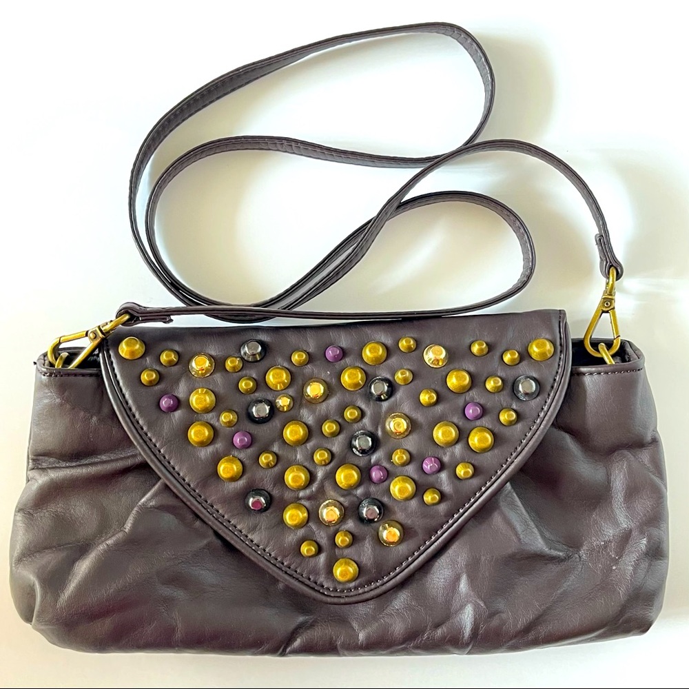 Matt & Natt Dark Brown Crinkled Vegan Leather Studded Crossbody/Clutch Bag